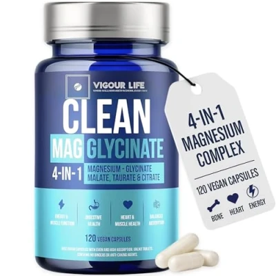 Image of Clean Magnesium Glycinate 4 in 1 Complex Glycinate, Malate Citrate &amp; Taurate. 120 Vegan Capsules, High Absorption 310mg Elemental. No Cracking Agents, Bulcking Agents or Stearate.