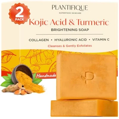 Image of PLANTIFIQUE Kojic Acid Soap for Hyperpigmentation, Turmeric 2 Bars, Hyaluronic Acid, Collagen, Vitamin C, Face Wash, 150g