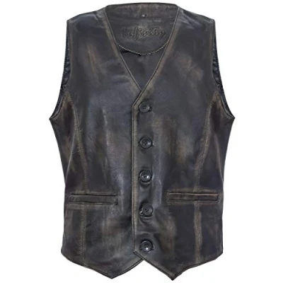 Image of Mens Black Leather Waistcoat Casual Classic Formal Traditional Gilet Vest 2XL