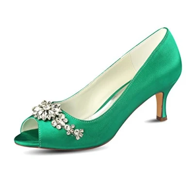 Image of Emily Bridal Silk Mother Shoes Deep Blue Rhinestones Peep Toe Wedding Kitten Heel Guest (EU41/UK7.5, Green)