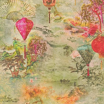 Image of Japanese Wallpaper Asian Fusion A.S. Création Non Woven 10.05 m x 0.53 Green Red Beige Made in Germany 374661 37466 1