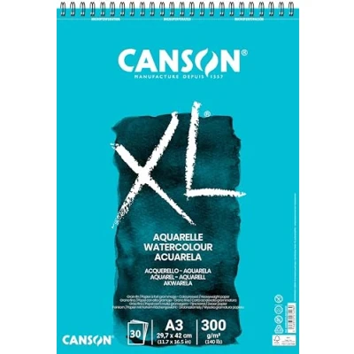 Image of CANSON XL Watercolour 300gsm A3 Paper, Cold Pressed, Spiral Pad Short Side, 30 White Sheets, Ideal for Professional Artists