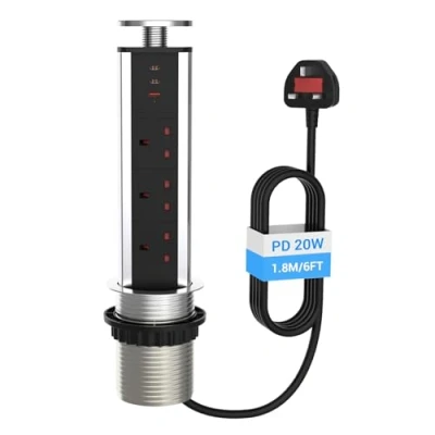 Image of Hanstore Pop Up Socket Pull Electrical Plug with 2 Type C &amp; 1 USB Charging Ports 3 Extension Desk Power for Kitchen Worktops Home Office, Chrome