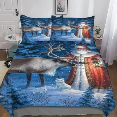 Image of Bedding Single Duvet Cover Set 3D 3 Pieces Quilt Father Christmas Bedroom with Pillowcase,for Teens And Adults Double（200x200cm）