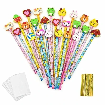 Image of JZK 24x Wooden graphite pencil set with cartoon rubber eraser for kids children party favours bag filler birthday Christmas boy girl