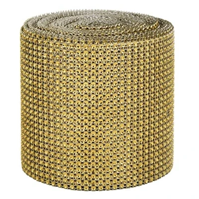 Image of 9m 24 Rows Plastic Artificial Sparkling Glitter Rhinestone Diamond Mesh Ribbon for DIY Craft Sewing Party Decoration(Gold)
