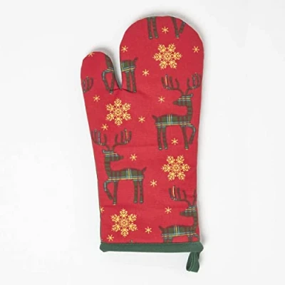 Image of HOMESCAPES Red Oven Glove 100% Cotton Christmas Mitt with Reindeer Xmas Pattern