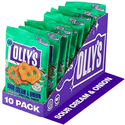 Image of Olly&#039;s Pretzel Thins, Sour Cream, 35g (Pack of 10), Handy Snack Pouches, Healthy Plant Based Vegan Snacks for Dipping, Low Calorie Snacks, Fat, Source Fibre, No Preservatives