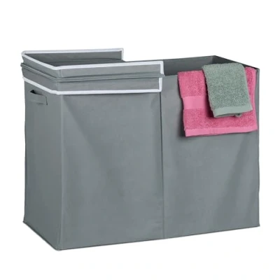 Image of Laundry Basket with Lid, 100 l, Foldable, Fabric, Clothes Bin Bathroom &amp; Bedroom, HxWxD: 50 x 68 34 cm, Grey Relaxdays