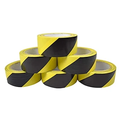 Image of Black &amp; Yellow Hazard Warning Tape 48mm (2&quot;) x 33m Pack of 6 Safety Social Distancing Barrier Premium Extra Stong Self Adhesive Duct