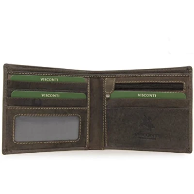 Image of VISCONTI Men&#039;s Small Bifold Leather Wallet RFID Protected 6 Credit Card Slots, Note Section &amp; Coin Pocket Gift Boxed 707 Shield Oil Brown