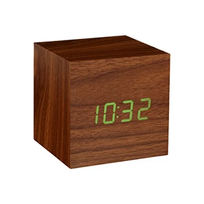 Image of Gingko Cube LED Click Clock Alarm With Sound Activation (Time, Date &amp; Temperature), Walnut/Green
