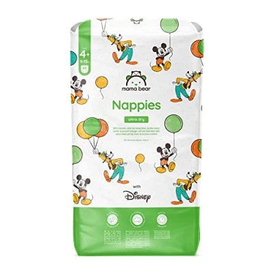 Image of Amazon Brand Mama Bear Disney Ultra Dry Nappies, Size 4+ (9 15 kg), 80 Count, White