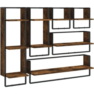 Image of 6 Piece Wall Shelf Set with Bars Smoked Oak Engineered Wood Vidaxl