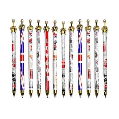 Image of SAJAK Set of 12 London Icons &amp; Union Jack Flag Retractable Ballpoint Pens Collectable British Souvenir Gift for Office Stationery Supplies UK Street Party Decoration