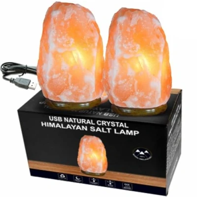 Image of 2PCS 100% Natural Pure Himalayan USB LED Salt Lamp Healing Ionizing Pink Crystal Rock Hand Crafted Air Purifier Night Light &amp; Gifts Wooden Base Home Decoration Table