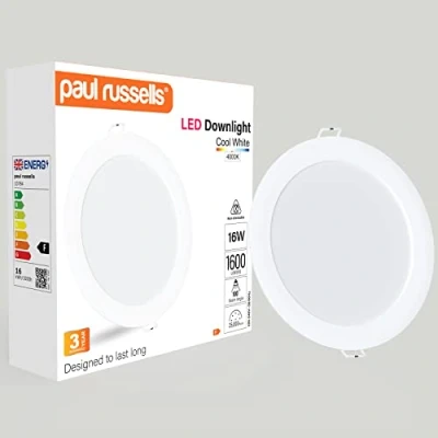 Image of paul russells LED Ceiling Downlights, 16W Slim Recessed Bathroom Kitchen Ceilings, 1600 Lumens, 4000K Cool/Natural White, Cutout 145 155mm, Round Non Dimmable Panel Spotlights, 1 Pack
