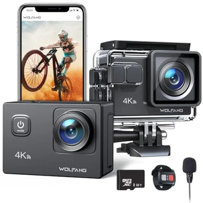 Image of WOLFANG Action Camera GA100 with 32GB microSDXC Memory Card 4K 30FPS 20MP Underwater Waterproof 40M, WiFi Videocamera Dual Mic, 170 Wide Angle, EIS Anti shake, Various Accessories