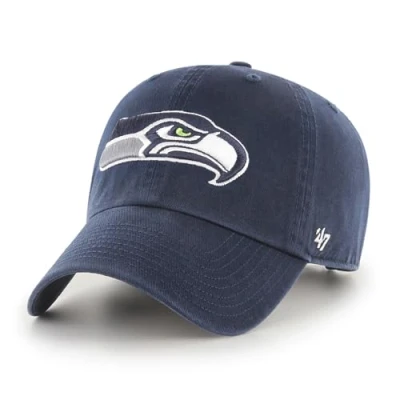 Image of 47 NFL Seattle Seahawks Clean Up Unisex Baseball Cap, Adjustable Buckle Strap, Team Logo, Colour Navy