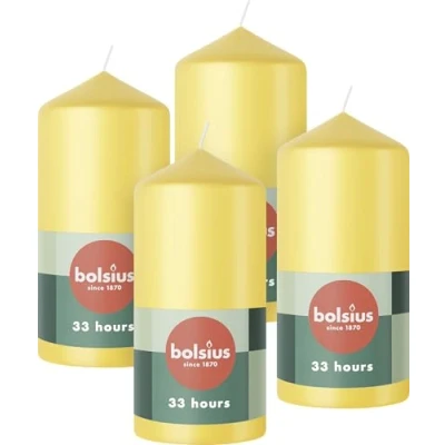 Image of Bolsius Pillar Candles Yellow 4 Pack 12 x 6 cm Decorative Household Long Burning Time of 33 Hours Unscented Includes Natural Vegan Wax Without Palm Oil