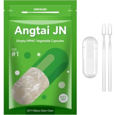 Image of Empty Capsules, AngtaiJN 100 Count Clear Vegetarian Size 1 DIY Pill Capsules Filling Caps with Micro Lab Spoon, Kosher, ISO9001, Gluten Free, Halal Certified, Non GMO Certified