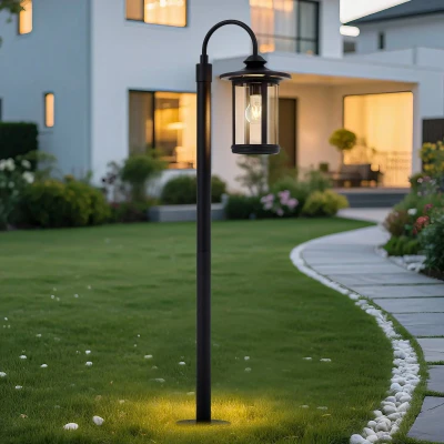 Image of Lindby Zayn path light, black, glass, height 109 cm