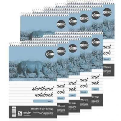 Image of RHINO Shorthand Notebook, 160 Page / 8mm Lined Notepad, 10 Pack, Reporters Spiral Wirebound Writing Pad