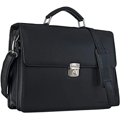 Image of &#039;STILORD &#039;Robert&#039; Leather Briefcase with 15.6 inches Laptop Compartment Portfolio Men &amp; Women Classic Design Business Work Bag Black, Colour:Black
