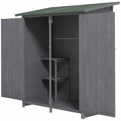 Image of Outsunny Garden Wood Storage Shed w/Flexible Table, Hooks and Ground Nails, Multifunction Lockable Sheds &amp; Outdoor Asphalt Roof Tool Organizer, 140 x 75 157cm, Grey