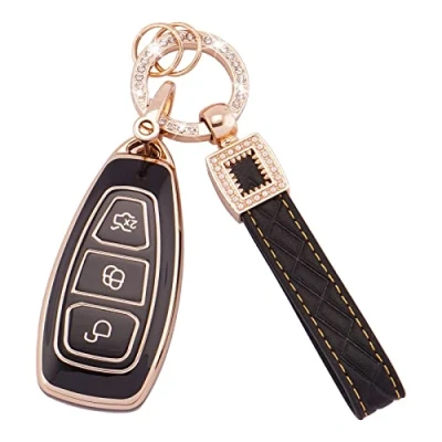 Image of Koaudb Car Key TPU Protector Fit for Ford Fiesta Focus C Max Galaxy B Grand Kuga Mondeo S 3 Buttons Keyless Fob Case with Leather Keychain Lanyard Black Gold (BP Frd 3)
