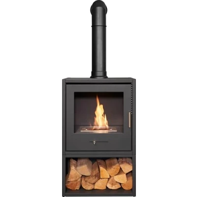 Image of OKO S3 Bio Ethanol Stove with Log Storage in Charcoal Grey &amp; Tall Angled Pipe