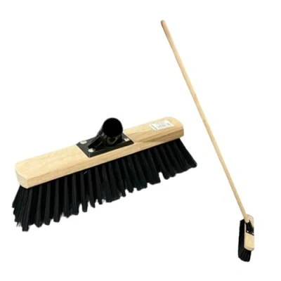 Image of 12 BLACK 30cm Stiff Broom Outdoor Yard Brush with PVC Hard Bristle Durable Support Bracket 120cm Wooden Handle Heavy Duty Garden Sweeping