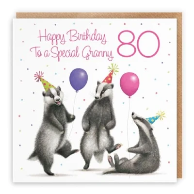 Image of Hunts England 80th Granny Badgers Birthday Card Milo&#039;s Gallery Age 80 Wildlife Funny For Year Old Animal Fan Eighty