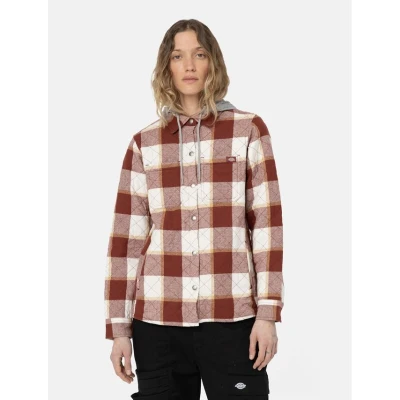 Image of Dickies Women&#039;s Fleece Hooded Flannel Shirt Jacket, Fired Brick Camp Plaid, L