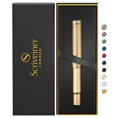 Image of Scriveiner Brass EDC Luxury Rollerball Pen, Stunning Heavy Pocket Hand Brushed Finish, Cool Writing Best Pen Gift for Men, Women, German Schmidt Refill, Nice Fancy Office Designer Set