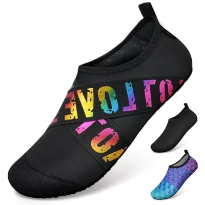 Image of WateLves Beach Swim Aqua Socks Barefoot Water Shoes Swimming Yoga Sea Snorkeling Diving Pool Women Mens Zd Black Love 6/7 UK