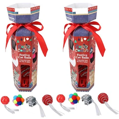 Image of AB Tools Rosewood 2pk Cat Kitten Festive Christmas Cracker Gift Each Contains 4 Different Textured Balls