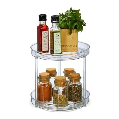 Image of Relaxdays Turntable, 2 Tier, Ø 23.5 cm, Rotatable, Rotary Disc for Refrigerator, Cosmetics &amp; Spices, Round, Transparent, 22 x cm
