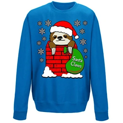 Image of Santa Claws Cute Sloth In Chimney Festive Christmas Kids Sweatshirt Sapphire Blue 9 11 Years (L)