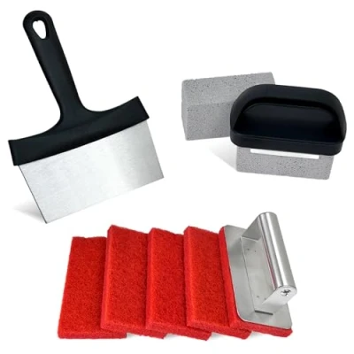 Image of Griddle Cleaning Kit, 10 PCS Heavy Flat Top Grill Cleaner Tool Set includes 2 Handles, 1 Scraper, Stone, and 5 Brush, Professional Accessories for Black stone Deep