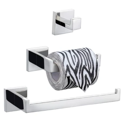 Image of TURS 3 Piece Bathroom Accessory Set SUS 304 Stainless Steel RUSTPROOF Toilet Paper Holder Towel Bar/Holder Robe Hook Wall Mount, Polished Finish, Q7010P