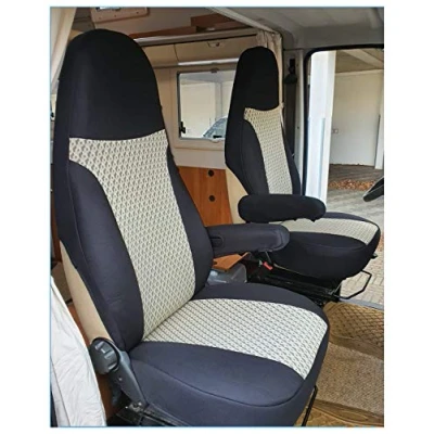 Image of BREMER SITZBEZÜGE Custom Seat Covers Protective Pilot Seats Driver and Passenger Set Compatible with Motorhome Fiat Ducato 812 Black/Beige