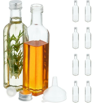 Image of Relaxdays, Filling, Set of 10, Empty Glass, Liqueur &amp; Oil, Juice Bottles, 250 ml, Transparent, 22 x 4.5 cm