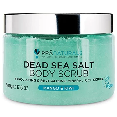 Image of PraNaturals Dead Sea Salt Body Scrub 500G Hydrating &amp; Moisturising, Natural Oils Minerals, Exfoliating, Softening Nourishing, All Skin Types, No Parabens, Vegan Cruelty Free (Mango Kiwi)