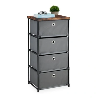 Image of Dresser Storage Unit, 4 Fabric Drawers, Metal, Wood Effect, 85x43x33 cm, Side Table, Organiser, Grey/Brown Relaxdays