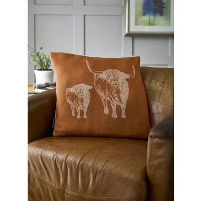 Image of Deyongs Stunning Soft Cashmere Feel Acrylic Cushion Cover in Terracotta with Highland Cow &amp; Calf Design 45cm x