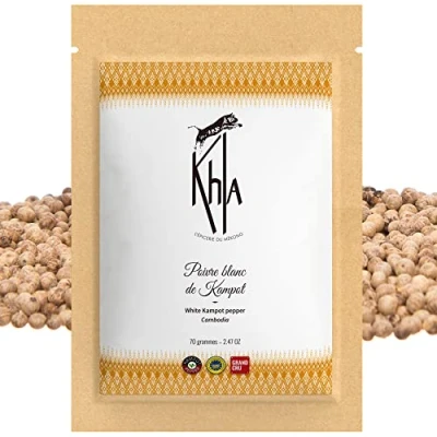 Image of Khla White Kampot Pepper 70g Organic Peppercorns Premium Cambodian Grand Cru, Strong &amp; Powerful for Grinder Refill Direct from Producer Origin Cambodia