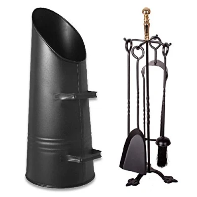 Image of Fireside Black Coal Hod Scuttle Bucket + 5 Piece Companion Set Cast Iron Tools (21.5&quot; 22&quot; Regency Set)