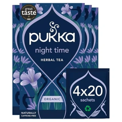 Image of Pukka Herbs, Organic Herbal Sleep Tea Box, Chamomile, Lavender, Oat Flower, &amp; Limeflower, Natural For Bedtime Relaxation, Caffeine Free, 4 Packs, 80 Plant Based Biodegradable Bags