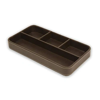 Image of OSCO Brown Faux Leather Drawer Organiser Valet Tray Tidy Divider Jewellery Display Stationery Storage H3.5 x W30 D16 cm